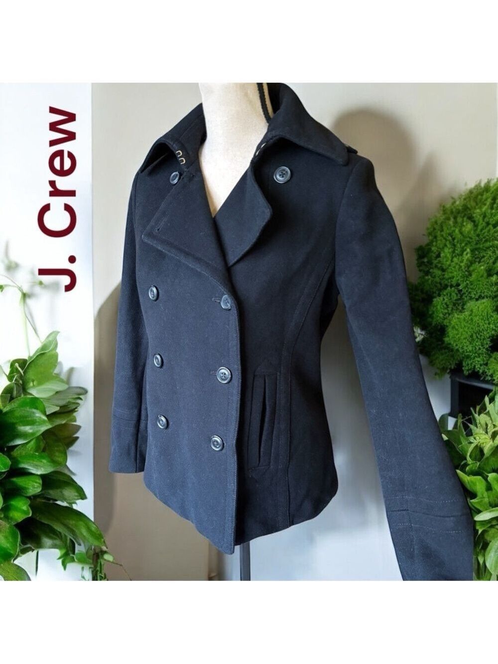 J. Crew-small women’s black 100% wool double breasted peacoat. 2 pockets. EUC